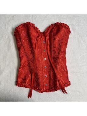Red Brocade Corset Top with Ruffle Trim XS